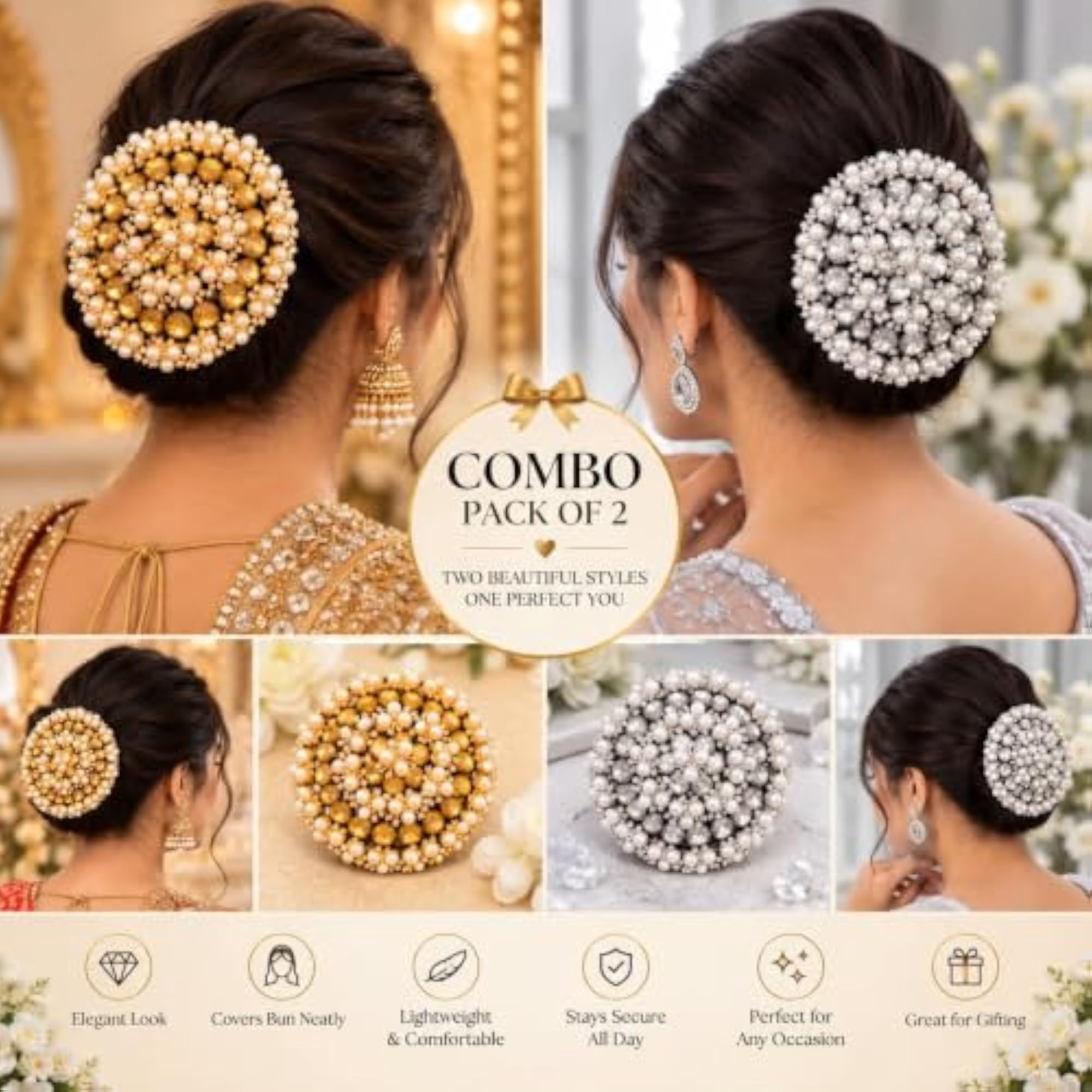2Pcs Bridal Juda Bun Hair Net Combo Set
